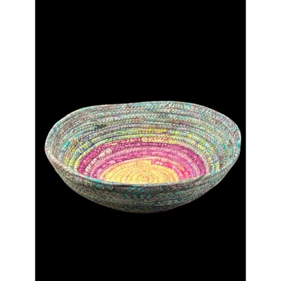 Handmade Woven Fabric Coil Rope Basket Purple Blue Multicolor 8"x3" Boho Decor - Picture 2 of 8